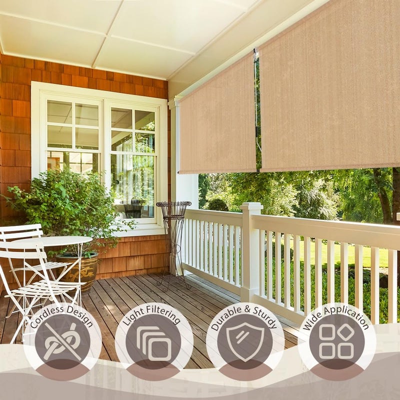 SEEYE Outdoor Sunshade Roller Shades 48" W x 96" H, Cordless Roll Up Shade Blinds Privacy Screen with 90% UV Protection, Exterior Patio Shade Cloth for Porch Pergola Balcony Windows, Walnut - Image 2